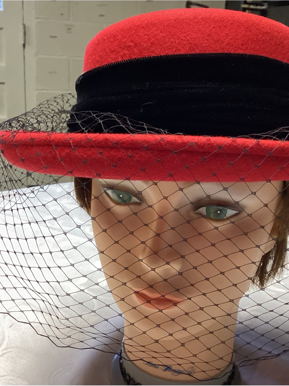 Red Women's Veiled Wool Felt Hat with Black Band